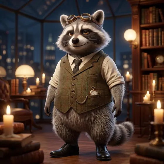 A 3D animated raccoon standing upright in a tweed waistcoat with a pocket watch and brass goggles, in a candlelit glass-walled library at night.