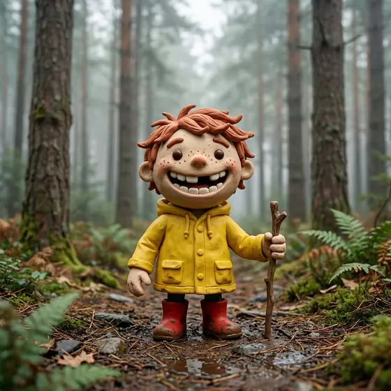 A claymation kid with copper red hair and a wide grin, in a yellow raincoat and red boots, holding a stick in a misty forest.