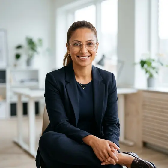 A smiling woman with glasses and her hair tied back, in a dark blazer, seated in a bright white office with plants.