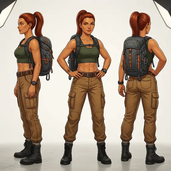 Three full-body views of the same woman explorer with an auburn ponytail, in a cropped top, cargo pants, a backpack and black boots: side, front and back, on a white studio backdrop.