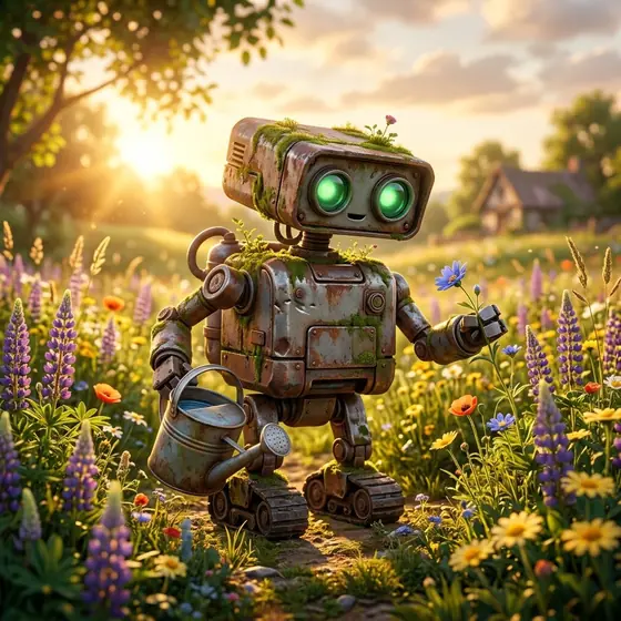 A 3D animated boxy, rusted robot with glowing green eyes and moss on its head, holding a watering can in a meadow of wildflowers at sunset.