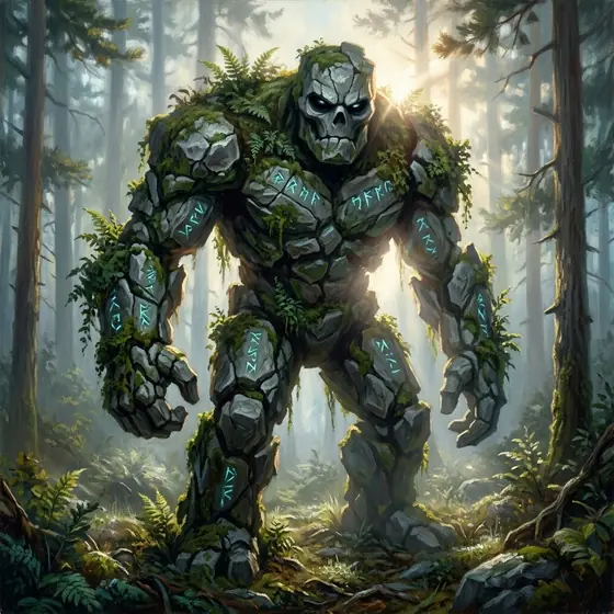An oil painting of a huge stone golem covered in moss and ferns, with dark empty eyes, standing in a misty forest.