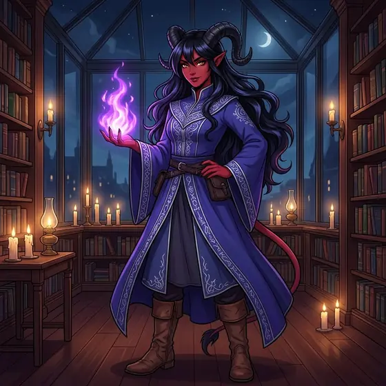An illustration of a red-skinned woman with curled black horns and a thin tail, in an indigo robe, holding violet fire in one hand in a candlelit library at night.