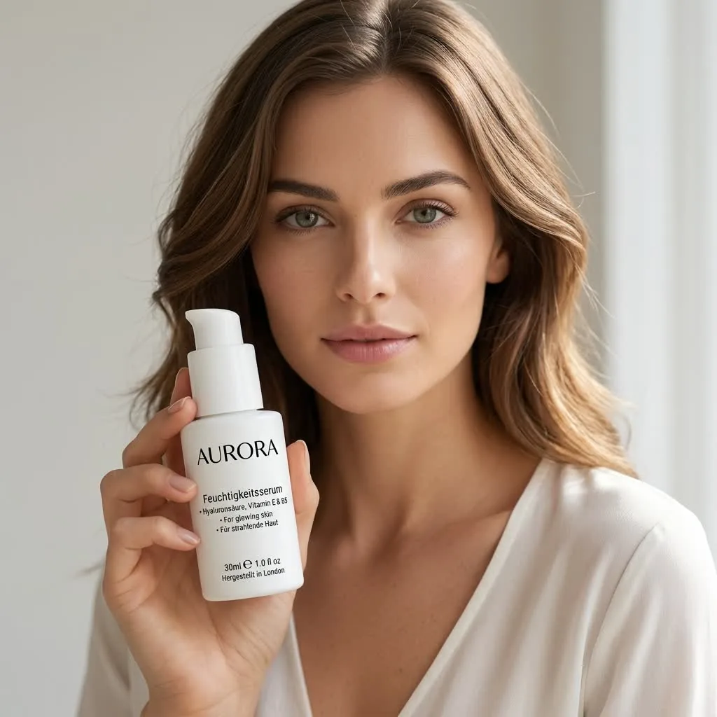 A woman holds a white serum bottle to her face. Its label reads Feuchtigkeitsserum and Für strahlende Haut in German, but one line above them still says For glewing skin in English.