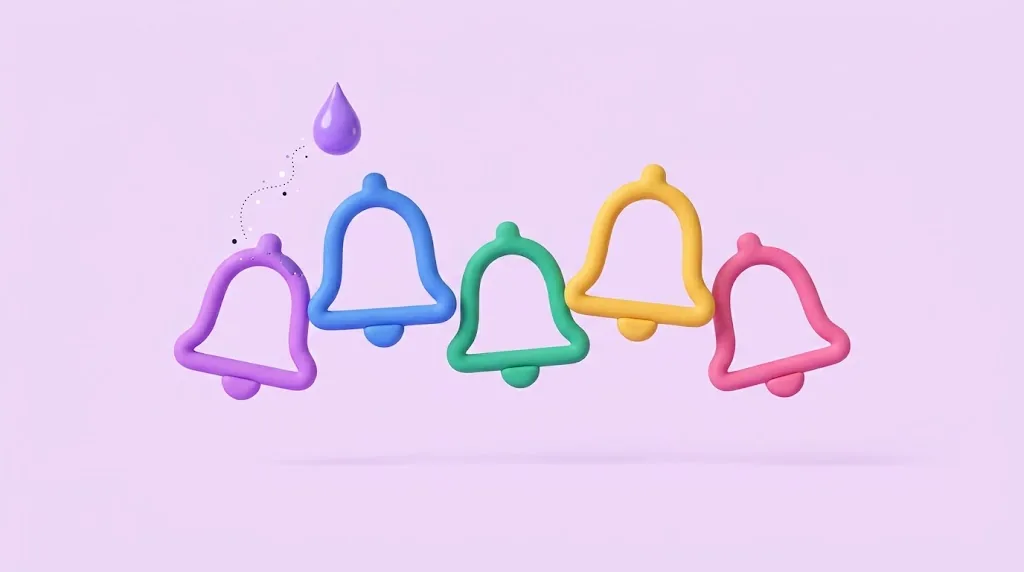 The same outline bell icon five times in an arc, in violet, blue, green, yellow and pink, under a violet paint drop.