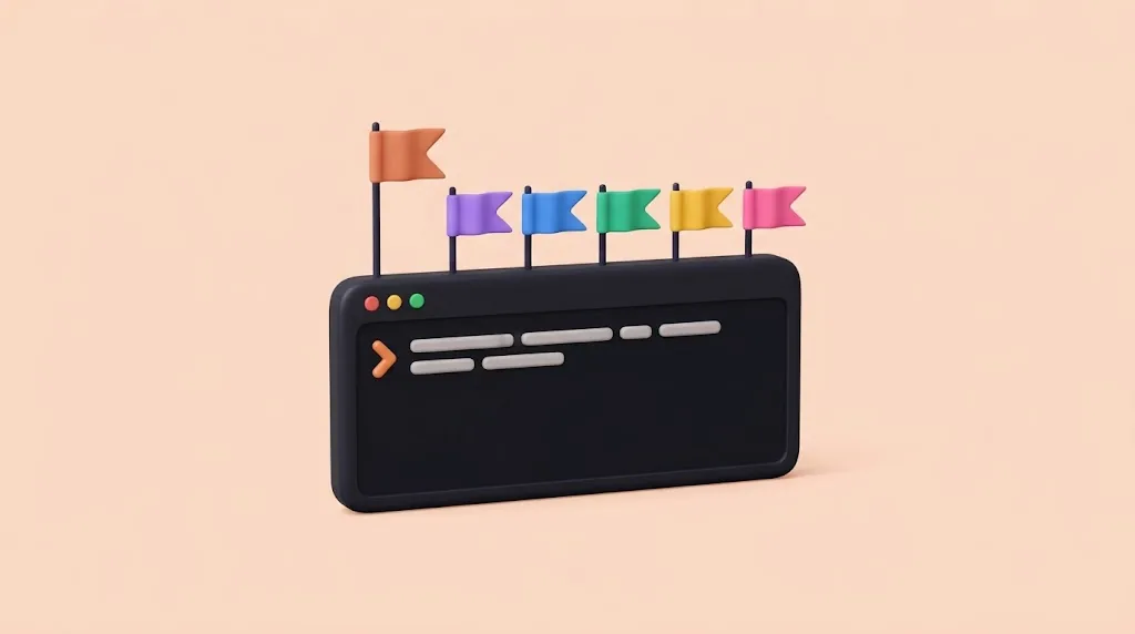 A dark terminal window with one prompt line, with a row of six small coloured pennant flags planted along its top edge.