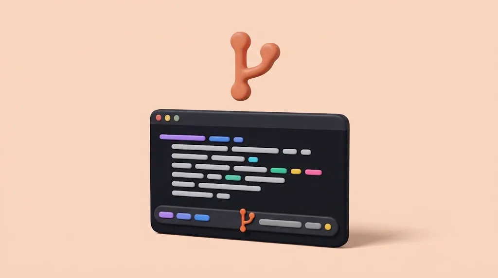 A dark terminal window with a status bar along the bottom that holds a small orange branch symbol and a yellow dot, and a large orange branch symbol floating above the window.