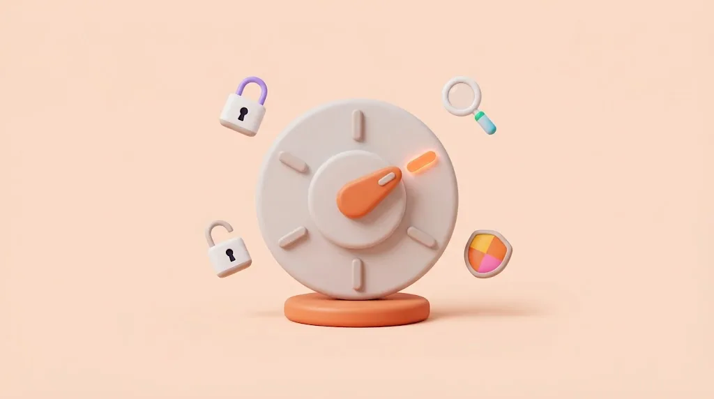 A round control dial with six notches, its orange pointer turned to the one glowing notch, with a closed padlock, an open padlock, a magnifying glass and a shield around it.