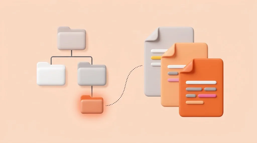A folder tree whose deepest folder glows orange, linked to the front sheet of three stacked documents, from a pale one at the back to a bright orange one in front.
