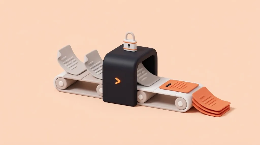 A conveyor belt carrying pale document sheets through a dark machine with an orange chevron; they come out orange and stacked, under a small padlock.