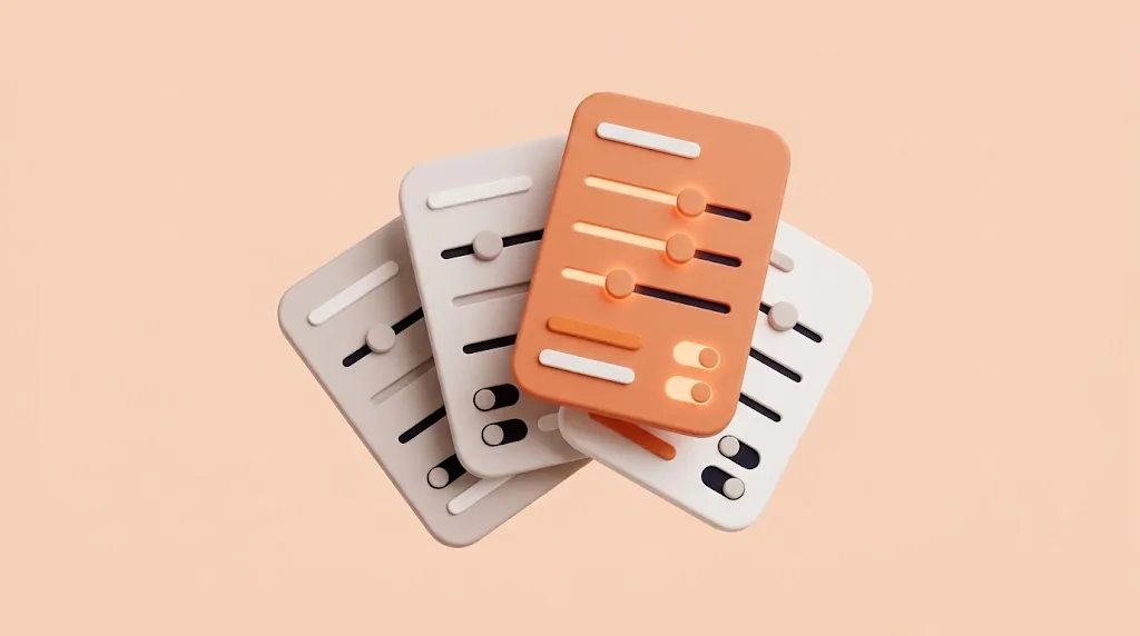 Three settings cards fanned like playing cards, each with sliders and switches set differently; the front one, pulled out and orange, is the profile in use.