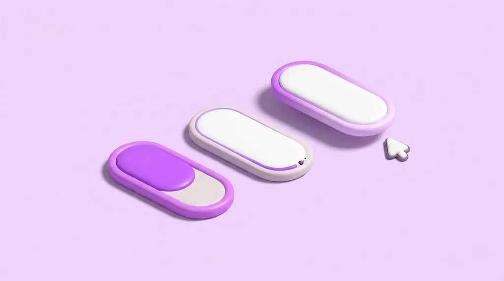 Three pill buttons mid-hover: one half filled with violet, one with a thin violet line along its edge, one lifted above a soft violet shadow, with a pointer beside it.