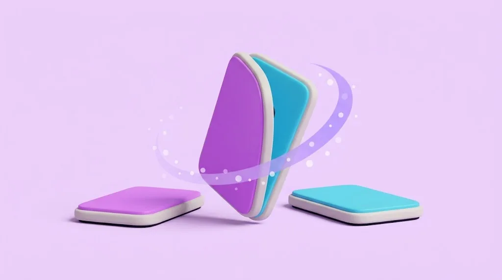 A rounded card caught mid-flip in 3D, violet front and cyan back both showing, with two flat cards beside it.