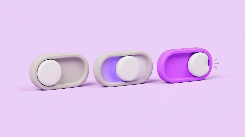 Three toggle switches in a row, off, moving and on: a grey track, a knob halfway across with a violet glow, and a violet track with the knob at the right.