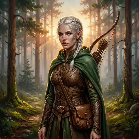 An oil painting of an elf woman with platinum braids and pointed ears in a green hooded cloak and leather armour, a longbow and quiver on her back, in a misty pine forest with low sunlight behind her.