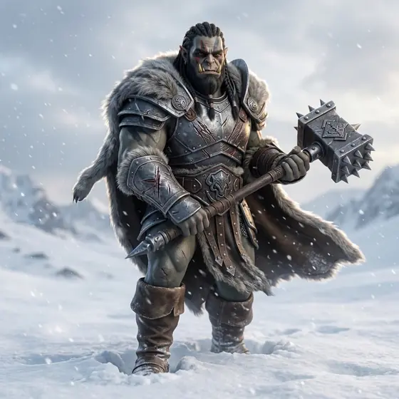A 3D render of a broad orc in dark iron armour and a fur mantle, carrying a heavy warhammer through falling snow on a white mountain field.