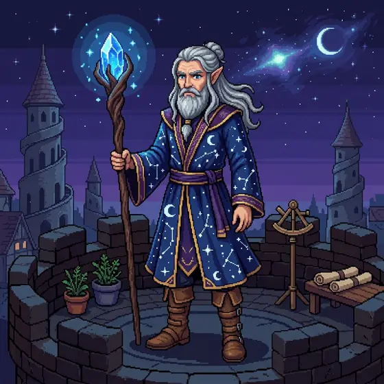 A pixel-art sprite of an old bearded elf mage in starry blue robes holding a staff with a glowing blue crystal, on a tower roof under a night sky with a crescent moon.