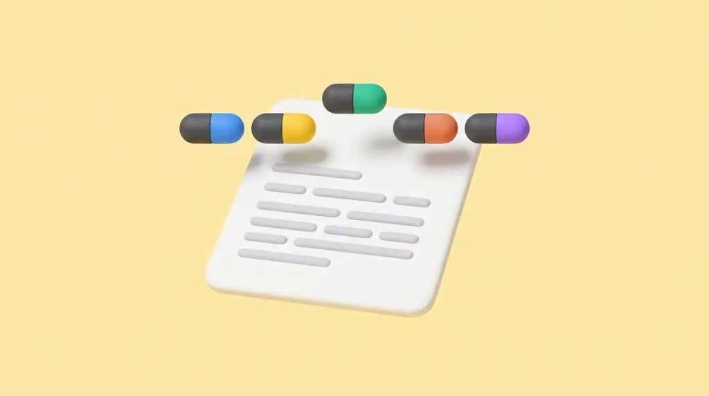 A row of five small two-part badges, grey on the left and coloured on the right, floating above the top of a white document card.
