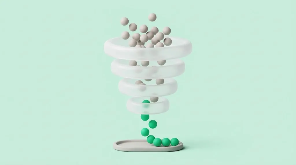 A funnel of four rings: many grey spheres go in at the top, fewer pass each ring, and a few green spheres come out at the bottom.