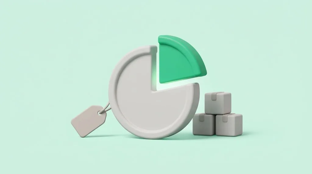 A coin cut into two pieces: a larger grey piece for the cost of goods and a green wedge lifted above it for the gross margin, between a blank price tag and a stack of boxes.