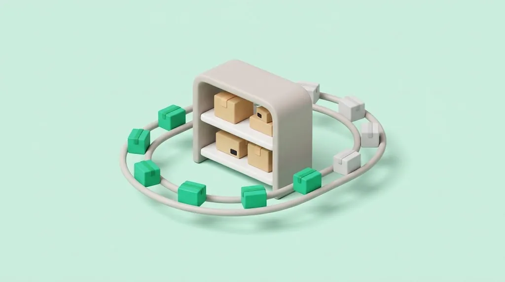 A small shelf of boxes with an oval track looping around it, green boxes leaving on one side and new boxes arriving on the other.