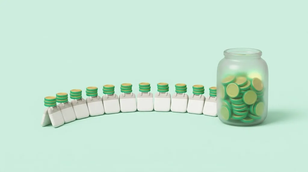 Twelve small calendar tiles in an arc, each with the same short stack of coins, beside a large glass jar holding a year of them.