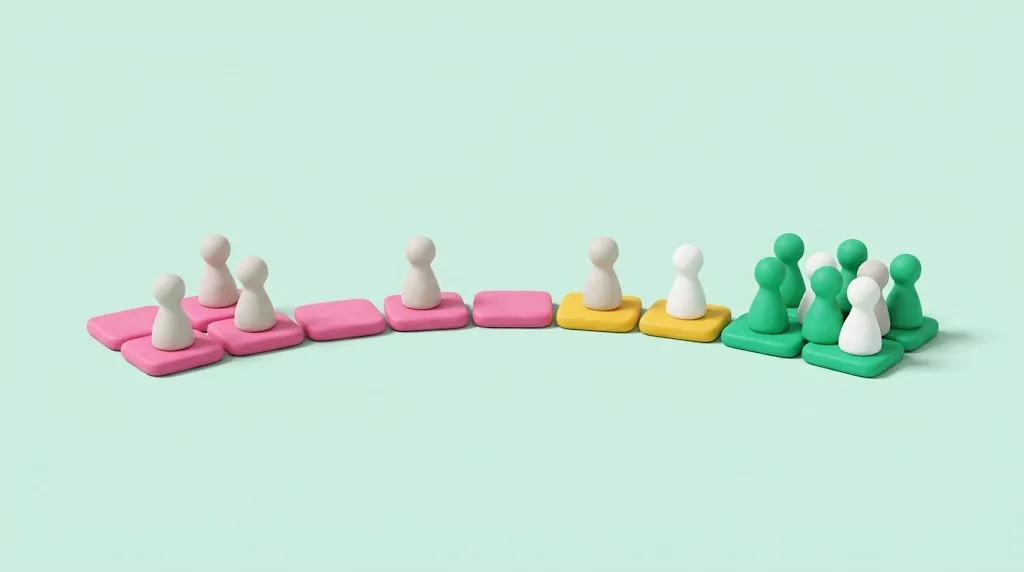 A rating scale of eleven tiles, seven pink, two yellow and two green, with small figures standing on them and the largest group on the green tiles.