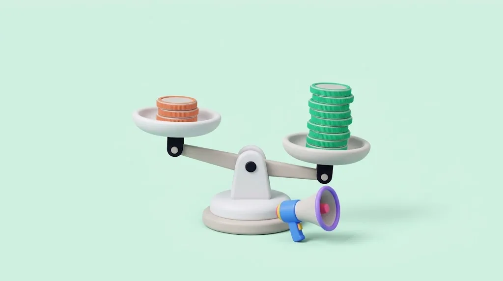 A balance scale with a short stack of orange-edged coins on the higher pan and a much taller stack of green coins on the lower pan, with a megaphone at its foot.