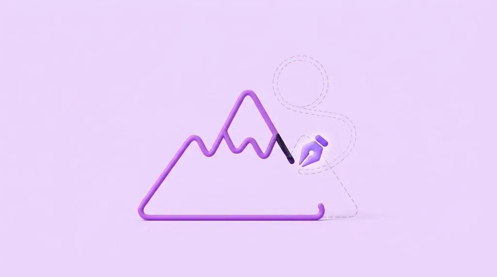 A mountain and sun drawn as one thick violet line, two thirds finished, with a glowing pen nib at its end and the rest of the path shown as a faint dashed outline.