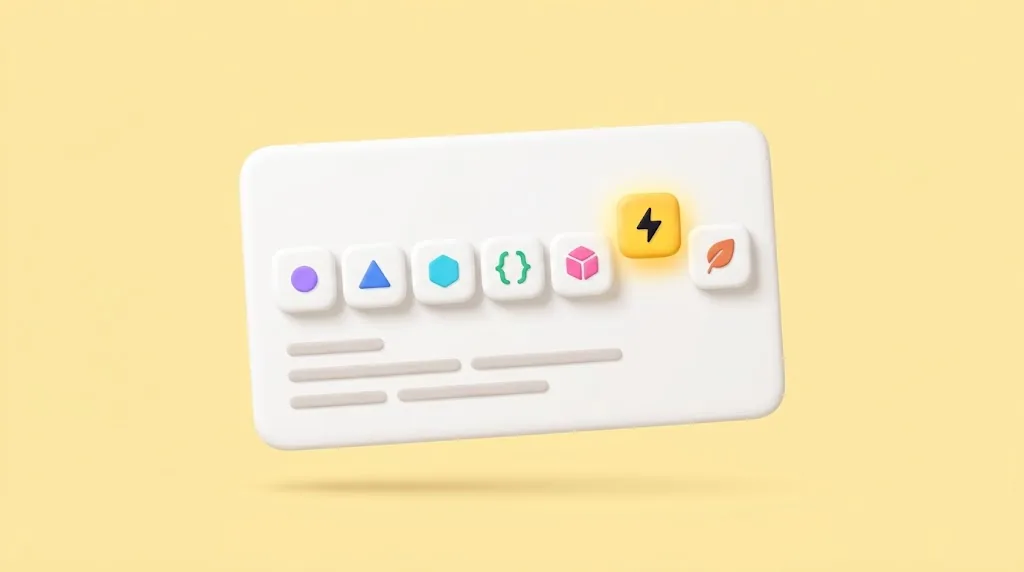 A white card with a row of seven small tiles holding a circle, a triangle, a hexagon, curly brackets, a cube, a lightning bolt and a leaf, the lightning tile lifted and glowing yellow, above a few grey text bars.