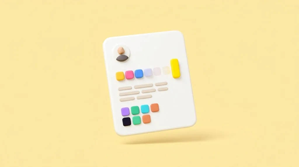 A profile page card where a line of blocks appears one by one, as if typed, ending in a yellow cursor.