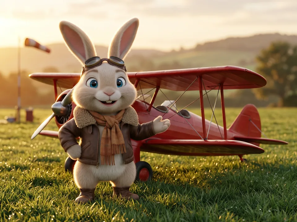 Rabbit Pilot, the same 3D animated rabbit in a flight jacket and goggles, airfield at sunrise