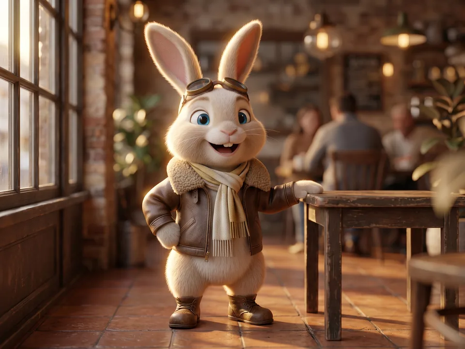 Rabbit Pilot, the same 3D animated rabbit in a flight jacket and goggles, café at golden hour