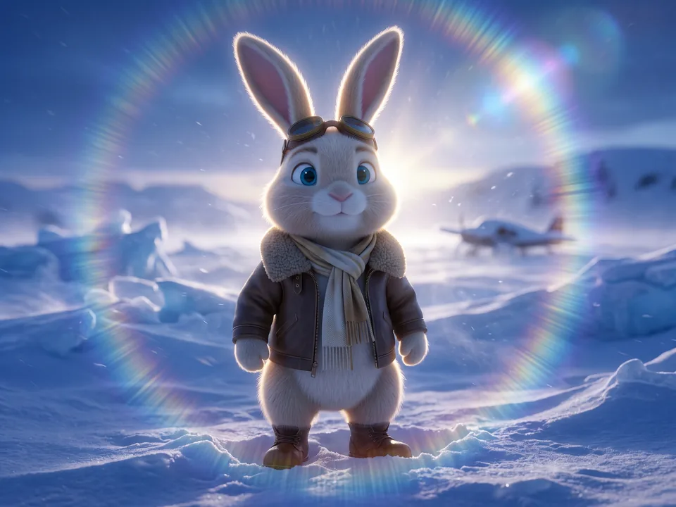 Rabbit Pilot, the same 3D animated rabbit in a flight jacket and goggles, snow at blue hour