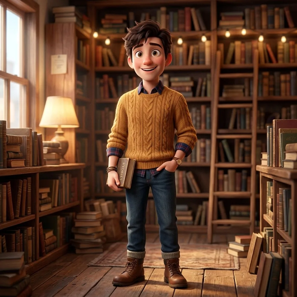 A 3D animated young man with dark tousled hair in a mustard cable-knit jumper and jeans, holding a book in a warm wood-panelled bookshop lit by string lights.