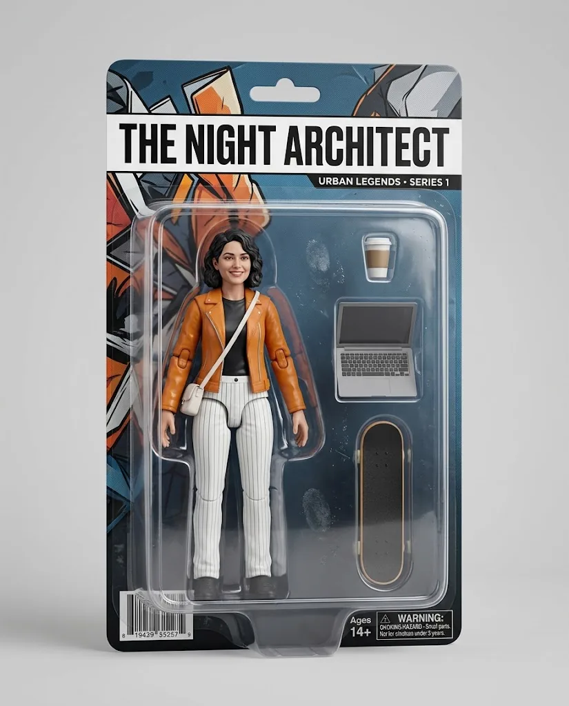 An action figure of a smiling woman with dark curly hair, an orange leather jacket and white pinstripe trousers, sealed in a blister pack under the printed name THE NIGHT ARCHITECT and the line URBAN LEGENDS · SERIES 1, with a coffee cup, a laptop and a skateboard in their own slots.