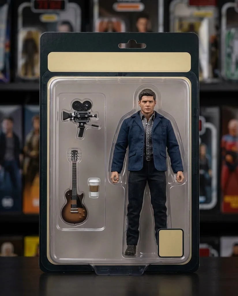 A boxed six-inch action figure of a man in a navy jacket and dark jeans, sealed in a clear blister on a dark card with a blank cream nameplate and badge, beside a tray holding a film camera, a guitar and a coffee cup, on a shelf of blurred boxed toys.