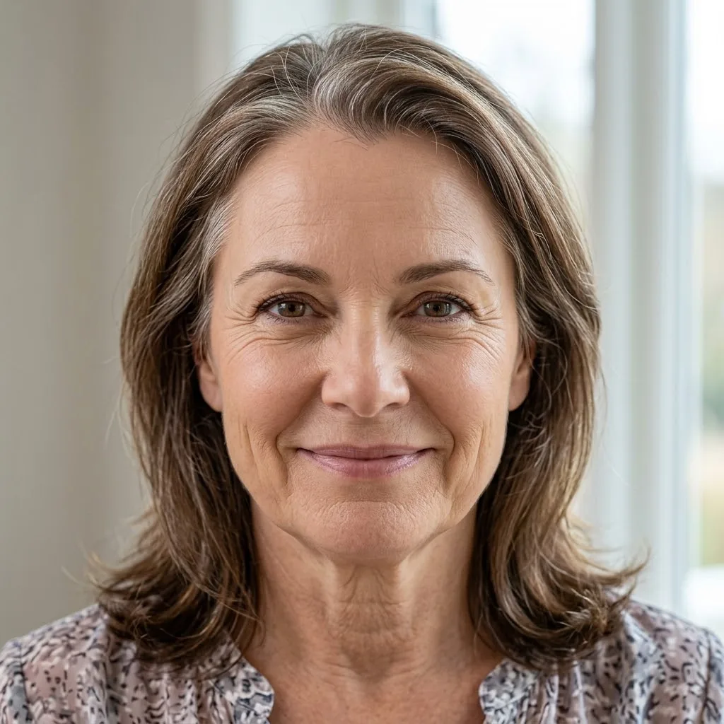 A portrait of a woman in her fifties or sixties with shoulder-length greying brown hair and a soft smile, by a bright window.