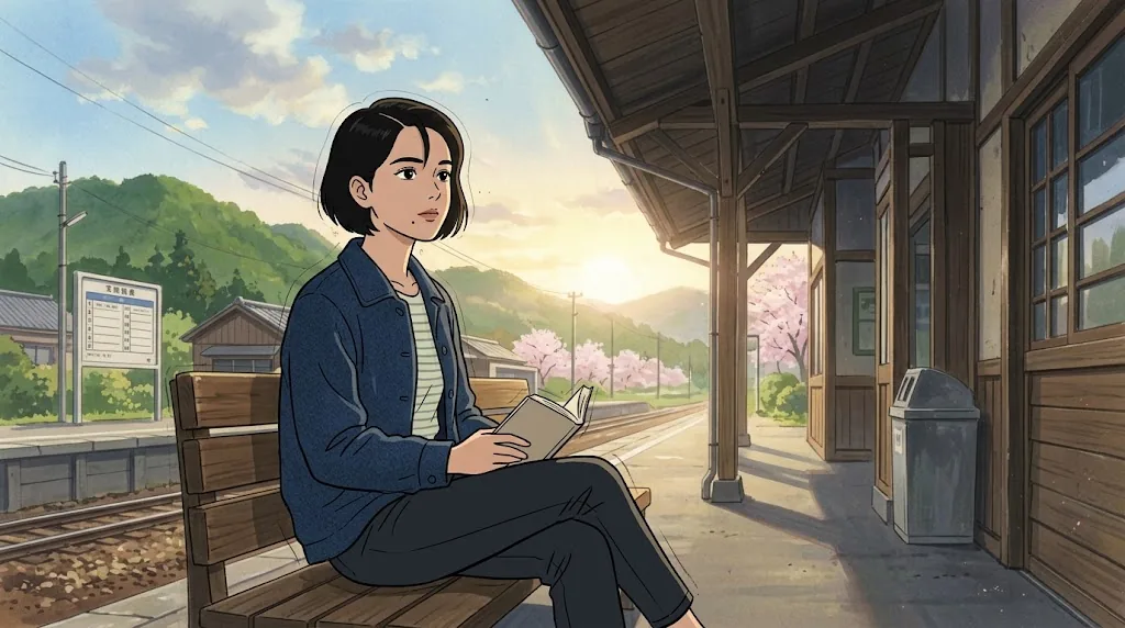 A hand-painted anime frame: a woman with short black hair in a blue jacket reads a book on a bench at a country train platform, low golden sun behind green hills.