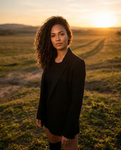 A woman with long curly hair in a black blazer stands in an open field at golden hour, the low sun behind her and the field softly out of focus.