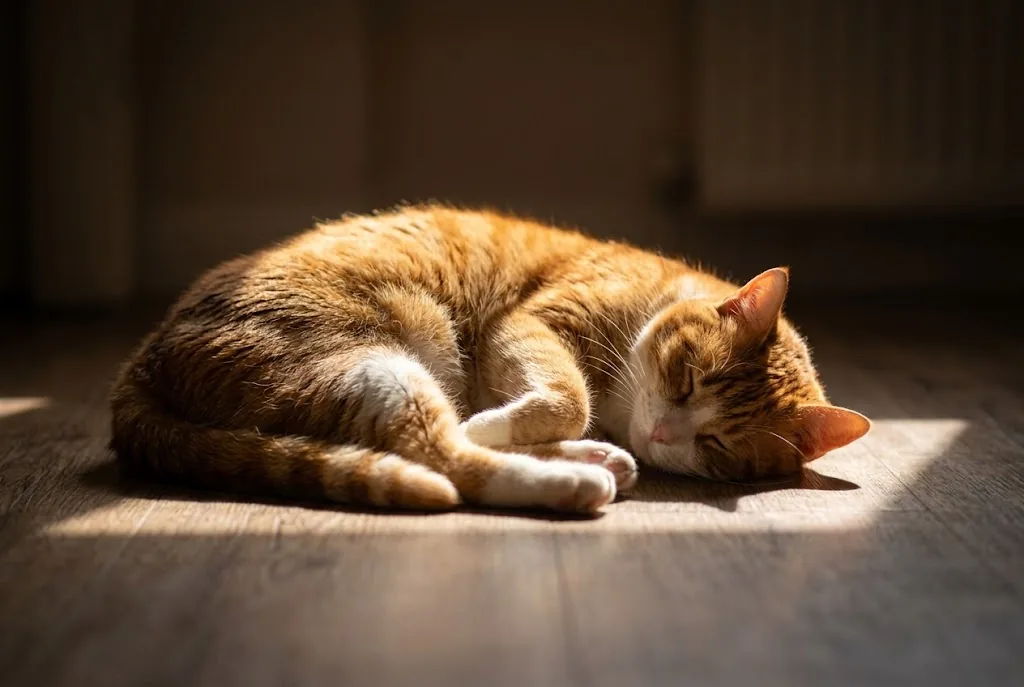 A ginger and white cat sleeps curled up in a rectangle of warm sunlight on a wooden floor, the room around it dim.