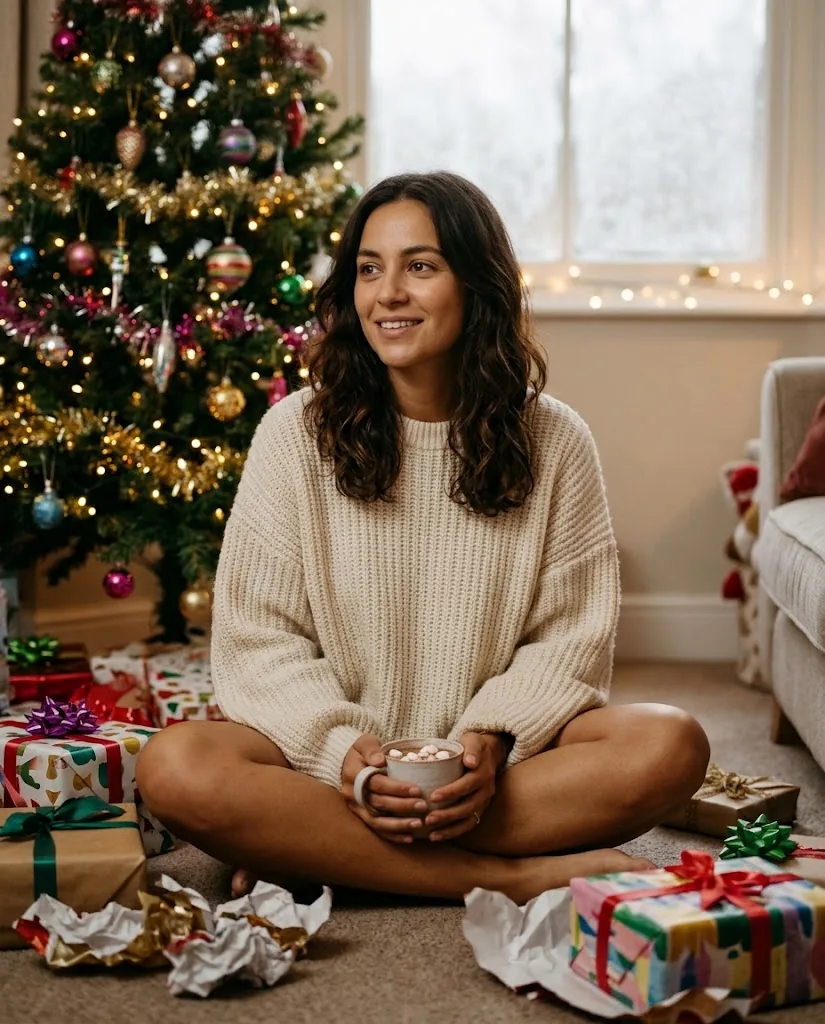 A smiling woman in a cream knitted jumper sitting by a decorated Christmas tree among wrapped and opened gifts, holding a mug.