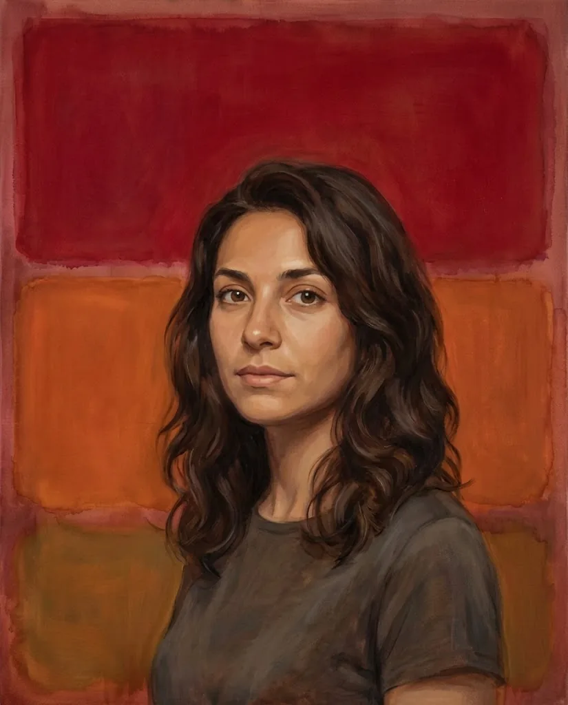 A painted portrait of a woman in a grey t-shirt in front of large soft-edged blocks of deep red and burnt orange.