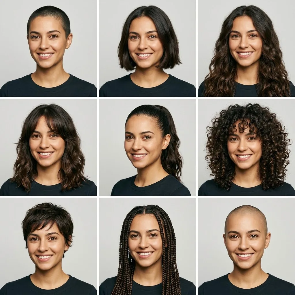A grid of nine photos of the same woman with different hairstyles, from a buzz cut and a bob to curls, braids and bald.