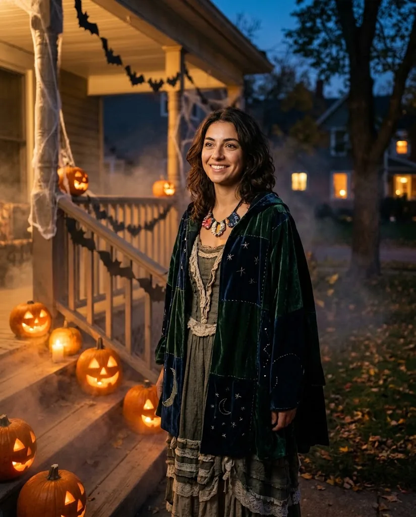 A woman in a patchwork costume on a front porch lined with glowing carved pumpkins at blue dusk, paper bats along the railing.