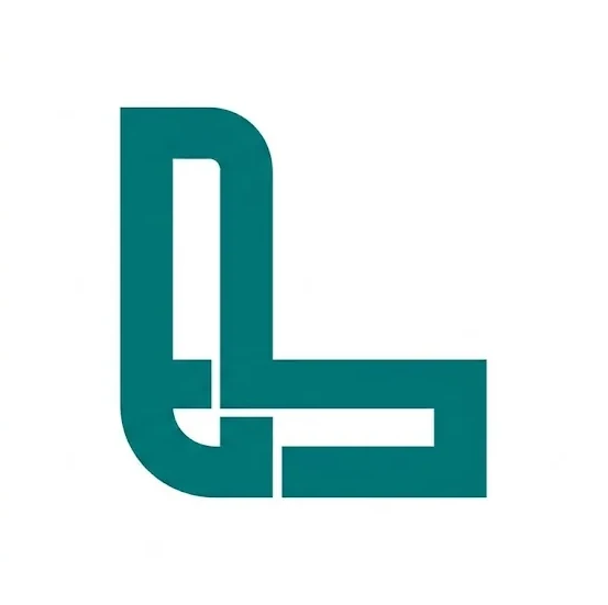 A bold geometric letter L in teal, built from thick interlocking strokes, on white.