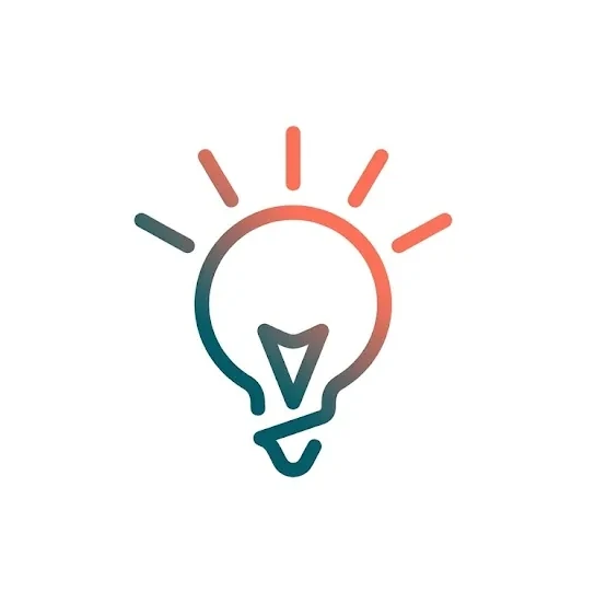 A line-drawn light bulb with short rays above it, its outline shading from dark teal to coral, on white.