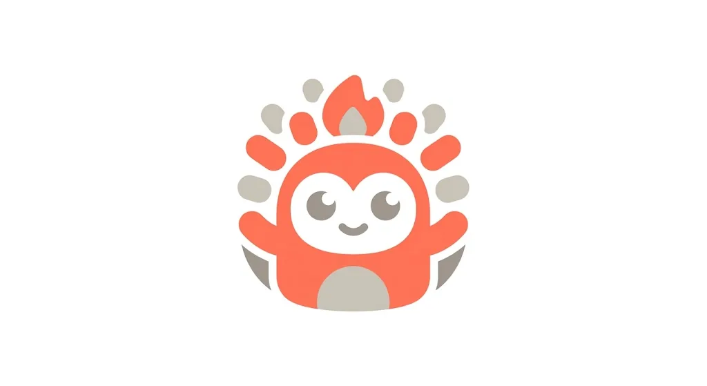 A round coral mascot with big eyes and small flame-like tufts on its head, raising both arms, on white.