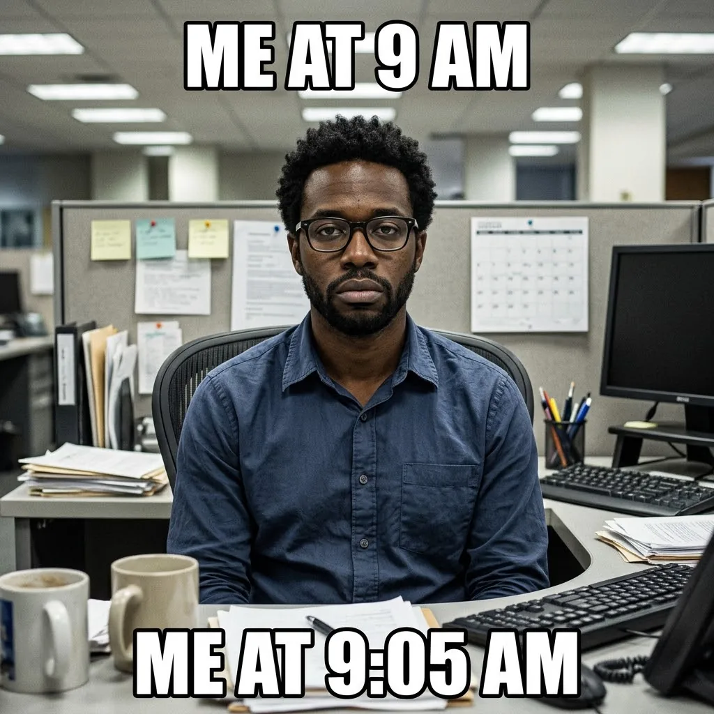 A meme of a man staring blankly at a cluttered office desk, captioned Me at 9 AM at the top and Me at 9:05 AM at the bottom.