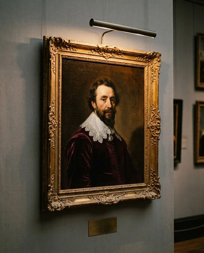 A photograph of a gilt-framed oil portrait of a bearded man in a dark velvet doublet with a white lace collar, hanging on a grey museum wall under a picture light.